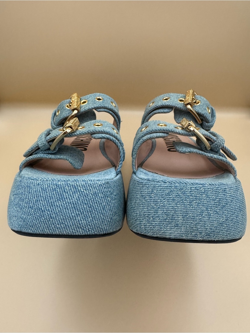 Moschino Buckle Platform Slides
Denim Blue with Gold Hardware
Size EU 41 / US 10 - Picture 10 of 16